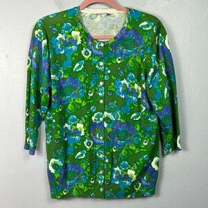 Isaac Mizrahi Live Green Blue Purple Floral 3/4 Sleeve Cardigan Sweater Large